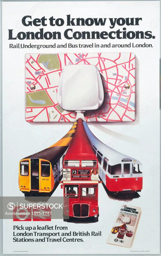 Poster produced for British Rail (BR) and London Transport, promoting rail, underground and bus travel in and around London. The image shows a map of ...