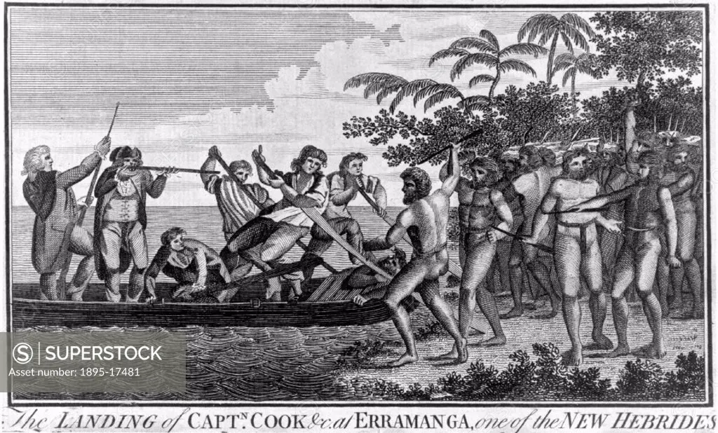 Captain James Cook (1728-1779) landing at Erramanga, New Hebrides. Cook, an English navigator and explorer, transformed the Wests knowledge of the Pa...