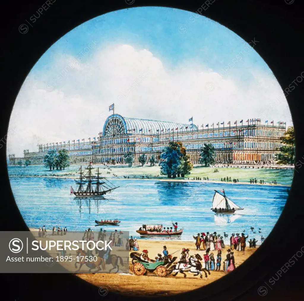 A magic lantern slide showing the Crystal Palace, home of the Great Exhibition of 1851. The ´Great Exhibition of the Works of the Industry of all Nati...
