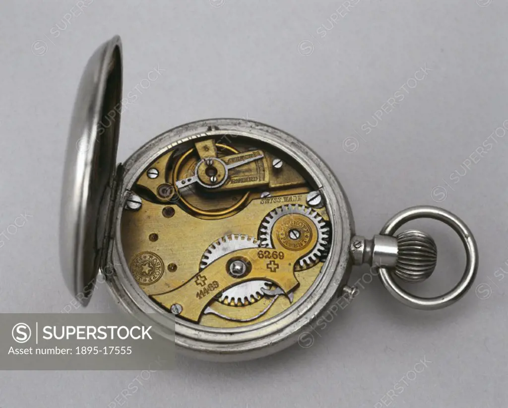 Mechanism of lever watch with pin-pallet escapement, dial, case and movement marked ´Roskopf Patent, Swiss made´. The German watchmaker Georges-Freder...