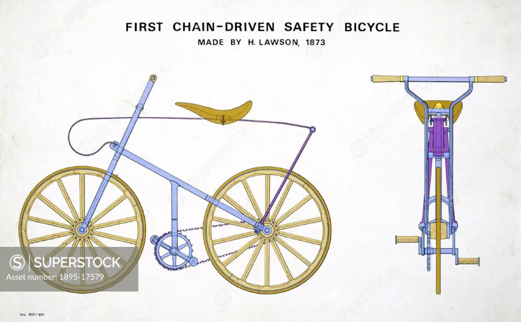 Coloured drawing (scale 1:4) made from information supplied by H J Lawson. This was the first rear-chain-driven safety bicycle, manufactured by H J La...