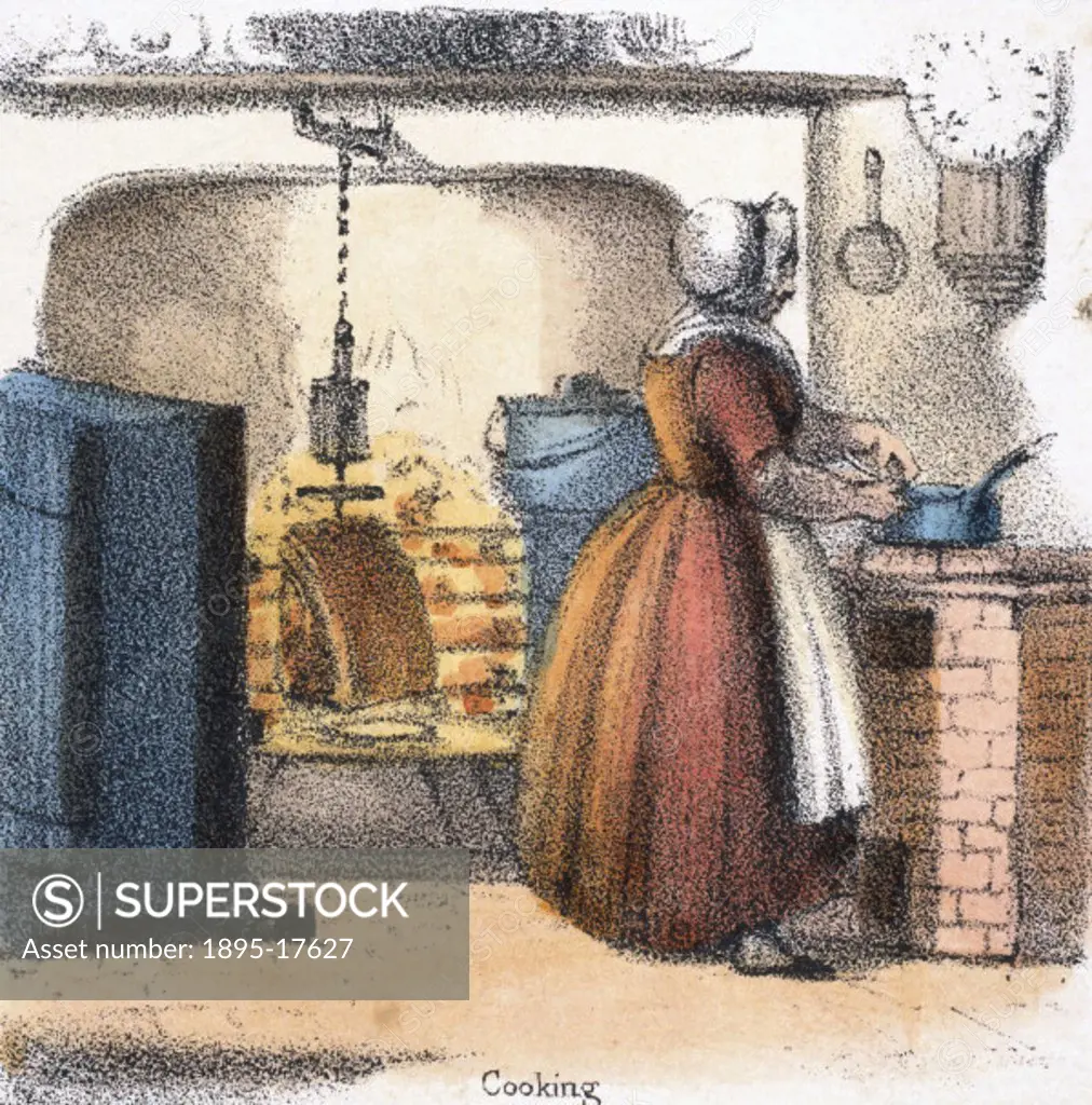 Vignette from a coloured lithographic plate showing a woman cooking meat on clockwork bottle jack, or rotating spit. Taken from ´The Bull, Cow and Cal...