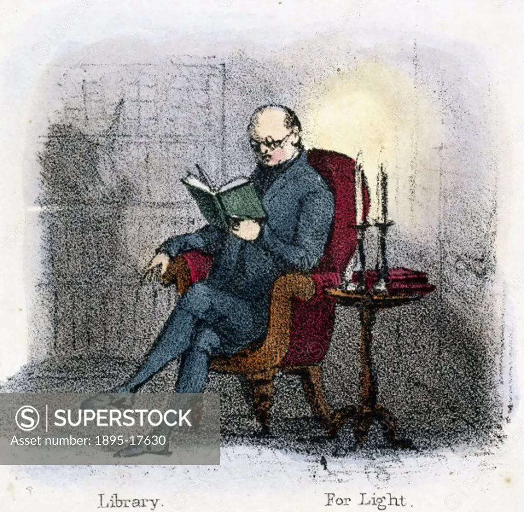 Vignette from a lithographic plate showing a gentleman reading by tallow candlelight in a library. Tallow, fat extracted from cattle and sheep, is use...