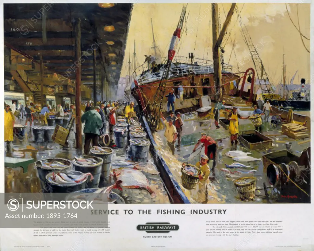Poster produced for British Railways (North Eastern Region) showing fishermen landing the catch at St Andrew´s Dock, Hull. British Railways provided s...