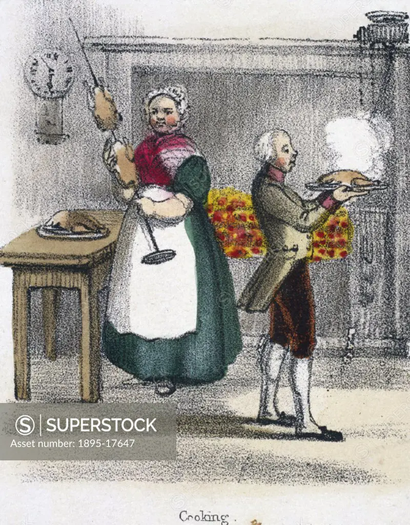 Vignette from a lithographic plate showing domestics at work in a kitchen. Taken from ´Domestic Fowls´ in ´Graphic Illustrations of Animals - Showing ...