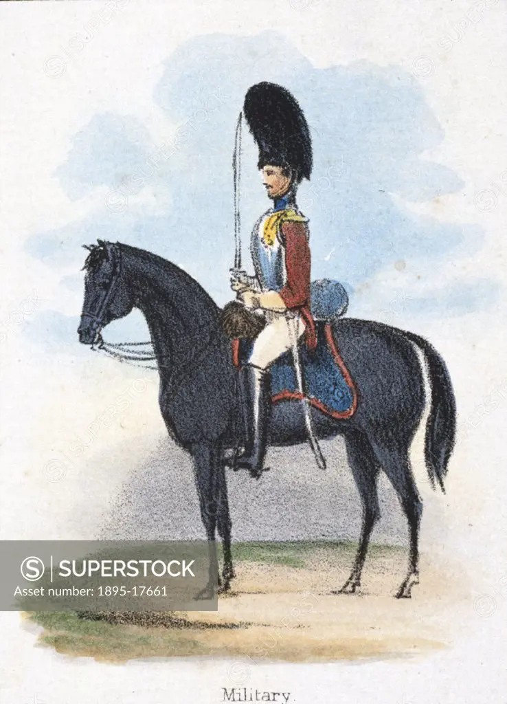 Vignette from a lithographic plate showing a soldier in military uniform on horseback. Taken from ´The Bear´ in ´Graphic Illustrations of Animals - Sh...