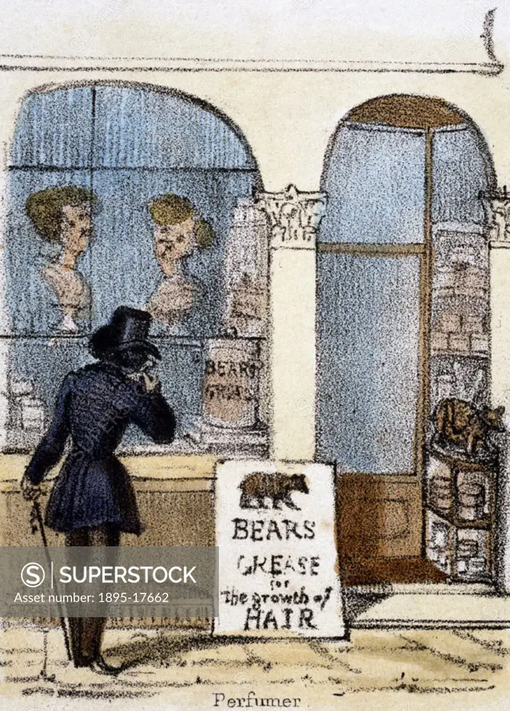 Vignette from a lithographic plate showing a shop exterior and a sign advertising ´Bears Grease´ which was supposed to stimulate the growth of hair. ...