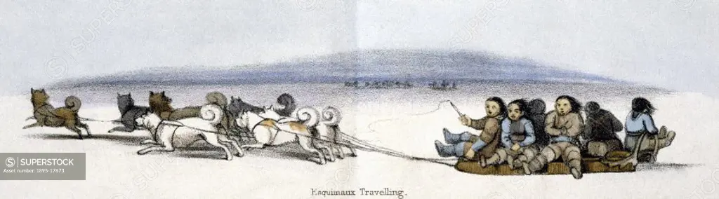 Vignette from a lithographic plate showing eskimos travelling on sledges pulled by groups of huskies. Taken from ´The Dog´ in ´Graphic Illustrations o...