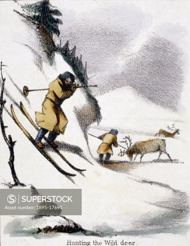 Vignette from a lithographic plate showing two men, one on skis, hunting wild reindeer in the snow. Taken from ´The Rein Deer´ in ´Graphic Illustratio...