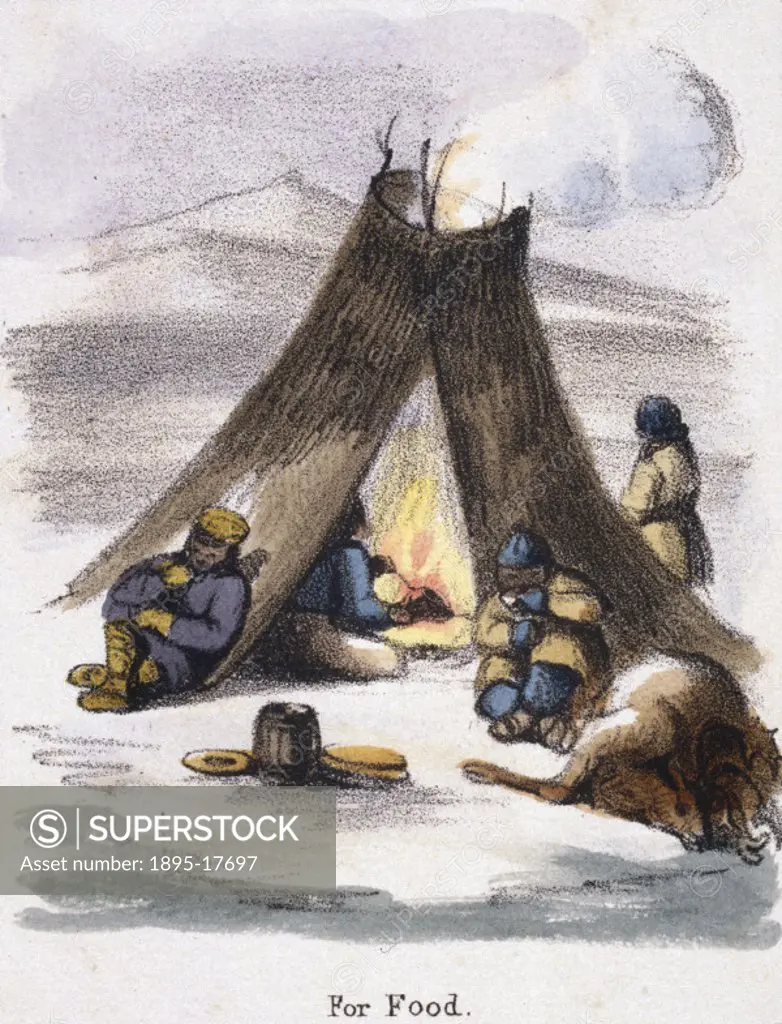 Vignette from a coloured lithographic plate showing a Lapland camp and fire. Taken from ´The Rein Deer´ in ´Graphic Illustrations of Animals - Showing...