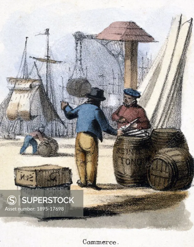 Vignette from a lithographic plate showing dockside scene taken from ´The Rein Deer´ in ´Graphic Illustrations of Animals - Showing Their Utility to M...