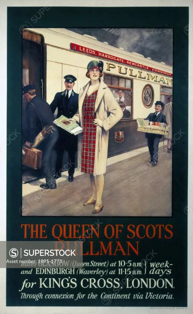 The Queen of Scots Pullman´, Pullman Company poster, c 1935. Artwork by Septimus E Scott. Poster produced for the Pullman Company featuring a woman in...