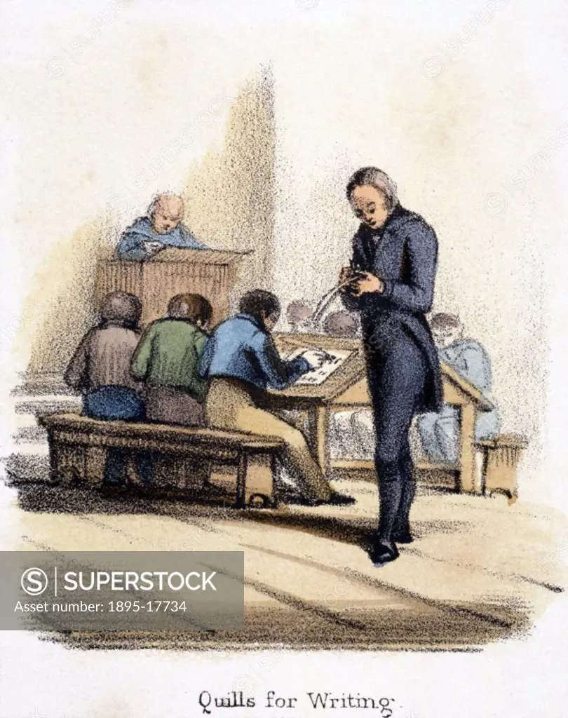 Vignette from a lithographic plate showing young boys writing at their desks, using goose quills as pens. Taken from ´The Swan, Goose and Duck´ in ´Gr...