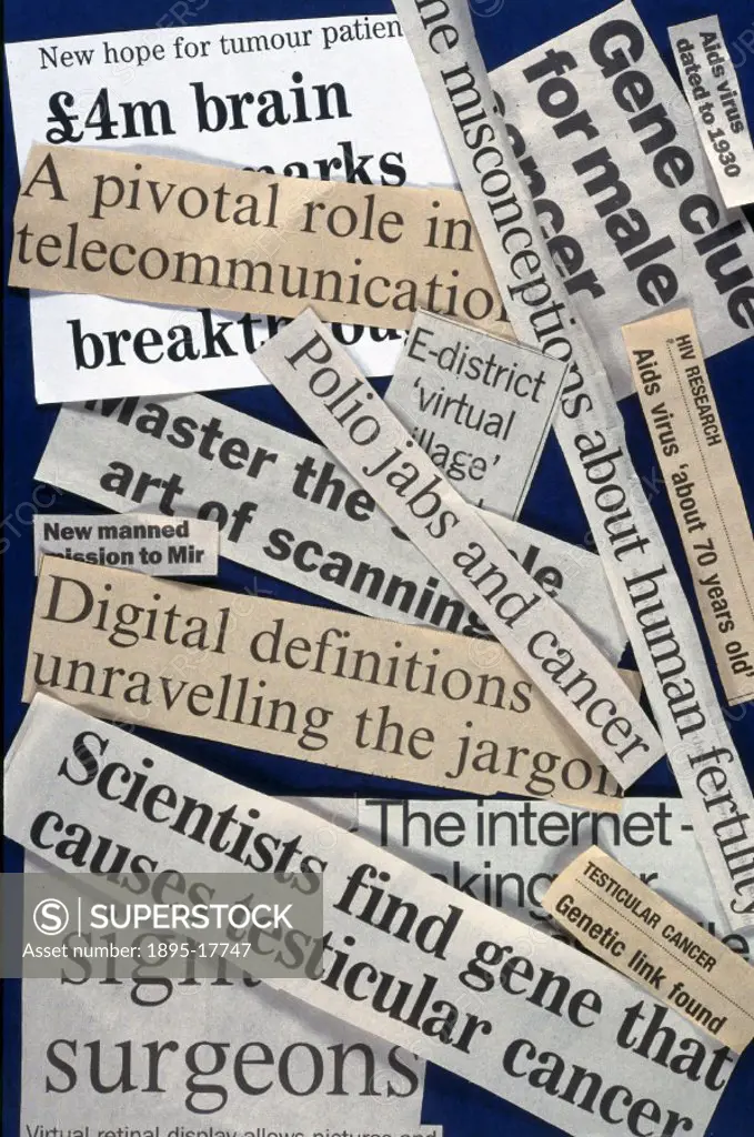 An arrangement of headlines associated with science and technology, clipped from a variety of British newspapers.