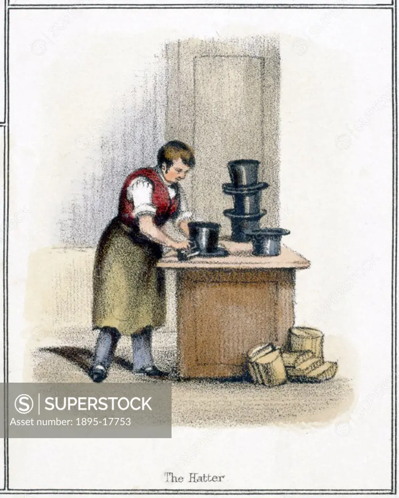 Vignette from a lithographic plate showing a man making silk top hats. Rabbit fur was used to make the felt for hats. Taken from The Hare and the Rab...