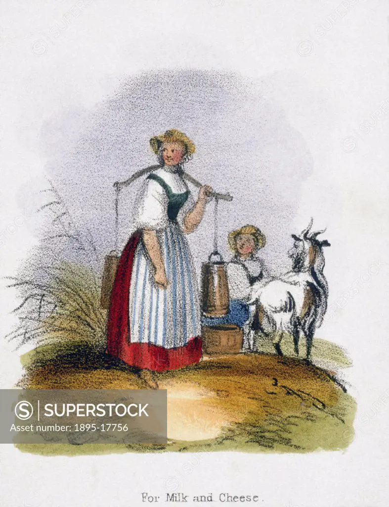Vignette from a coloured lithographic plate showing two milkmaids, one milking the goat while the other carries a yoke for the churns, from ´Graphic I...