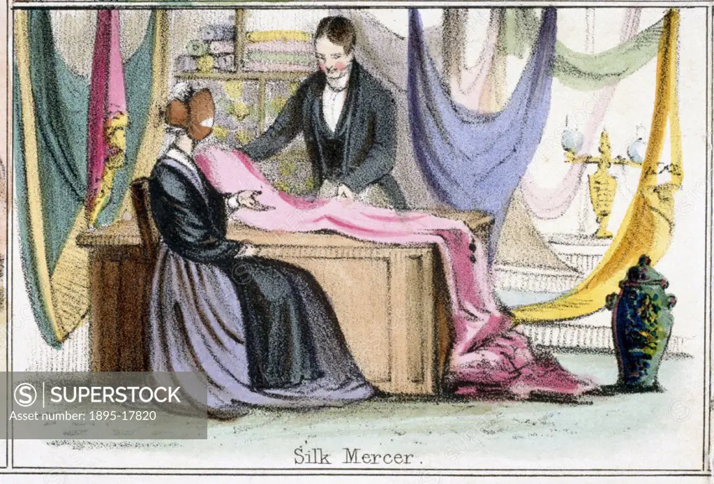 Vignette from a lithographic plate showing a silk mercer (a dealer in expensive textiles) showing a selection of silk to  a client. Taken from The Si...
