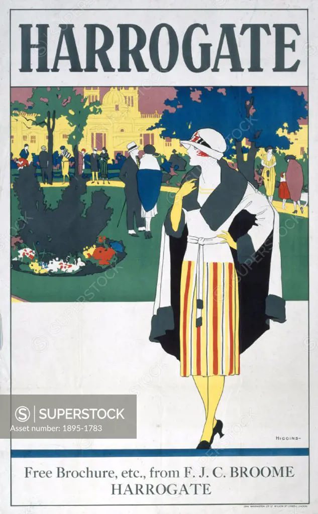 Poster produced by London & North Eastern Railway (LNER) to promote rail travel to Harrogate in Yorkshire. Artwork by Reginald Edward Higgins (1877-19...
