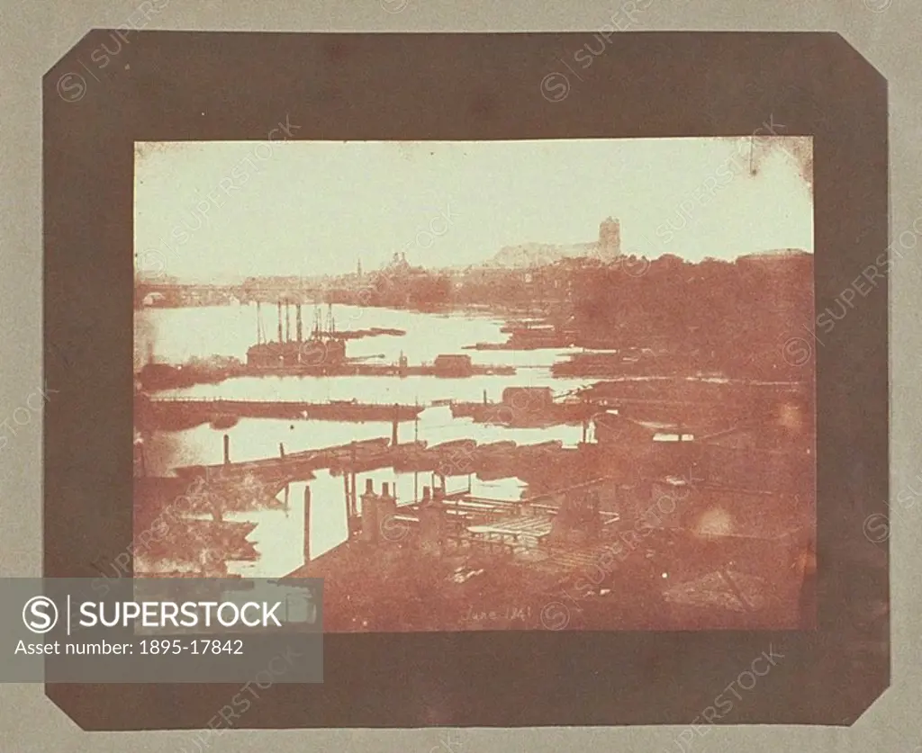 River Thames at London, 1841  View of Westminster from the Hungerford Bridge, thought to be the first ever photograph of a river  Salted paper print b...
