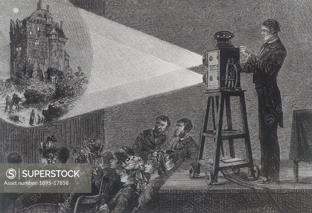 This engraving of a magic lantern show is from La Nature’ (vol 1, 1881), and is signed ´Smeeton Tilly´. The image being projected shows a castle at n...