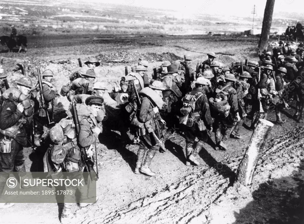 Australian soldiers marching to the front line, on the Western Front, 1916  Britain used Australian troops in many campaigns during WWI  They were mos...
