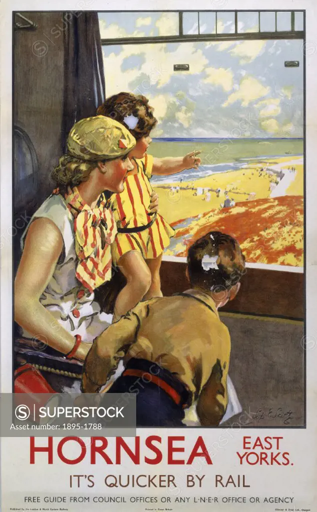 Poster produced for London & North Eastern Railway (LNER) to promote rail travel to Hornsea, East Riding. The poster shows a woman with two young chil...