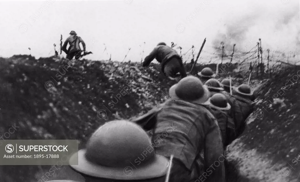 British soldiers waiting in trenches to go over the top in the final big push which won the war. The information for this operation was obtained by th...