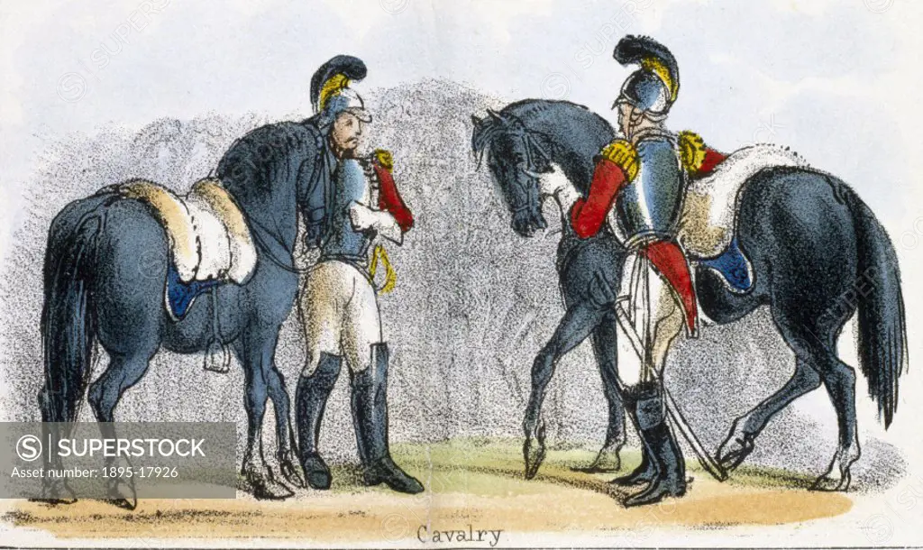 Vignette from a lithographic plate ahowing two cavalrymen with their horses. Taken from ´The Horse´ in ´Graphic Illustrations of Animals - showing the...