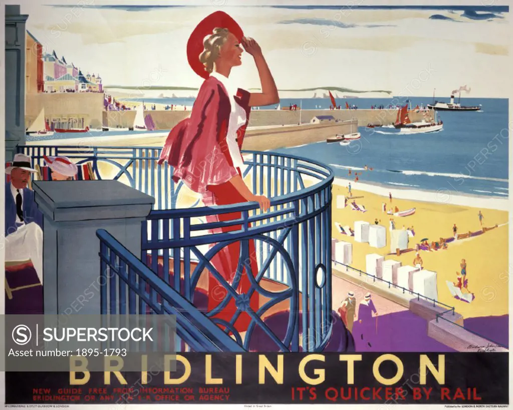 Poster produced for London & North Eastern Railway (LNER) to promote rail travel to the popular Yorkshire seaside resort of Bridlington. The poster sh...