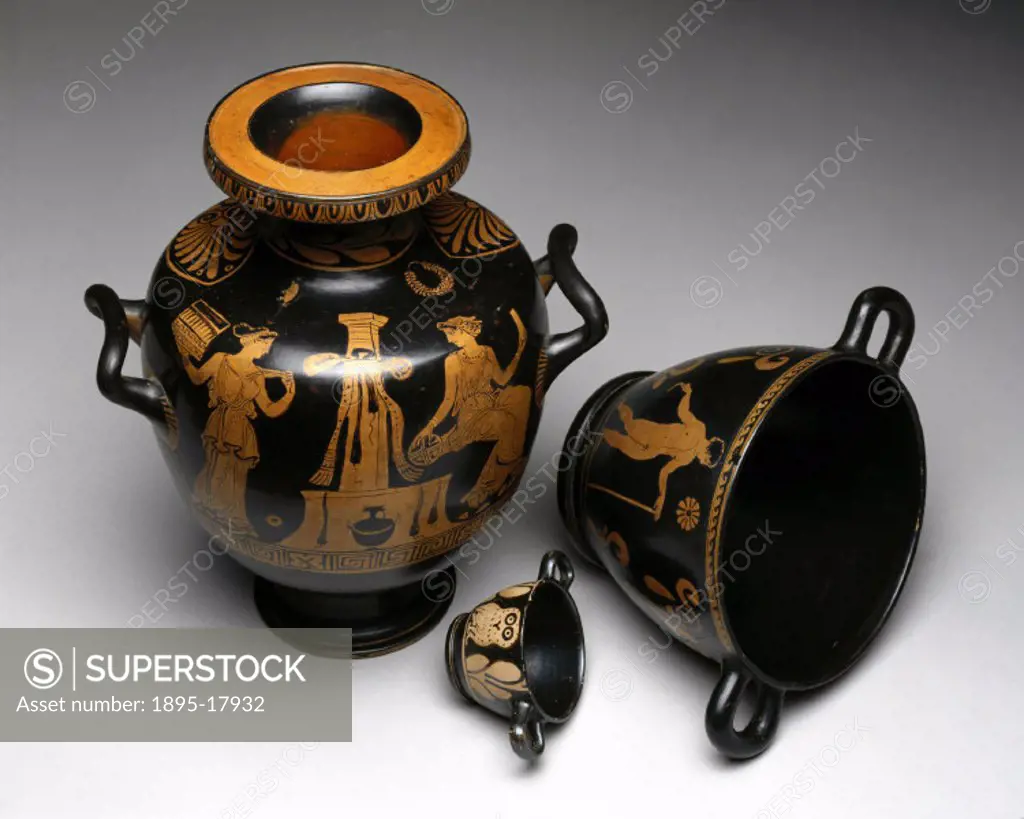 Large red hydria, or water carrier from Apulia, Italy, decorated with the figures of two women and an altar.