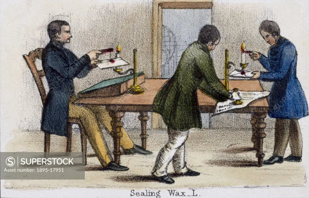Vignette from a lithographic plate showing people sealing letters with sealing wax which contains cochineal. This natural dye is obtained from the bod...