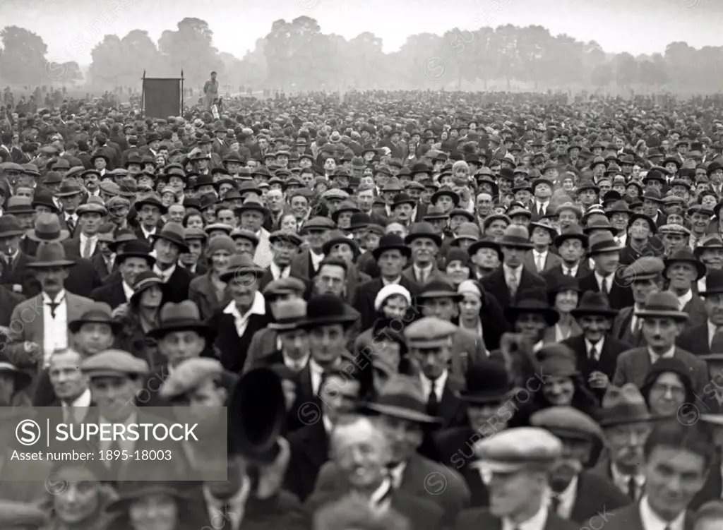 A large crowd of unemployed people demonstrating in Hyde Park, London on 27 September 1931. By the autumn of 1931, the registered unemployed in Britai...