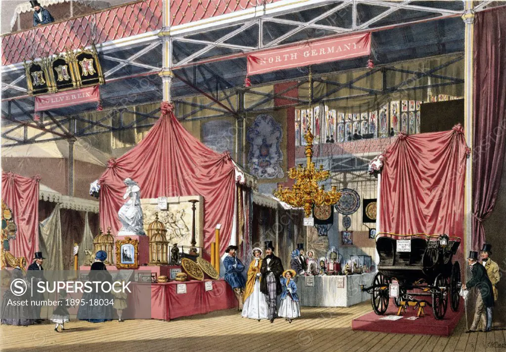 Illustrated plate taken from Dickinsons ‘Comprehensive Pictures of The Great Exhibition (1854). Prominent objects on the North German stand included...