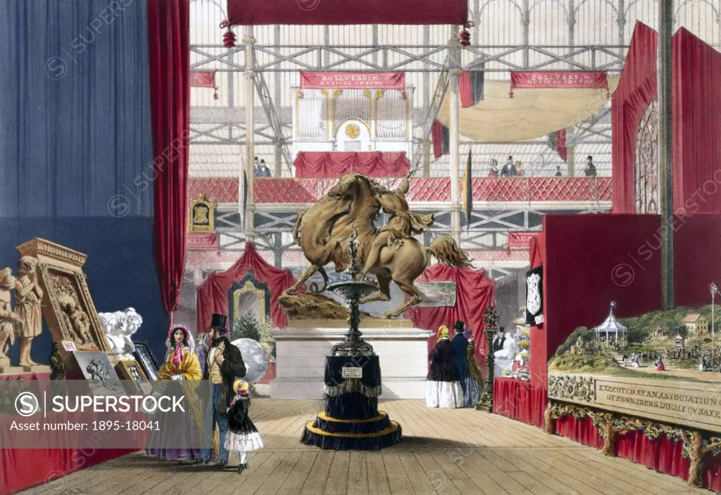 Illustrated plate taken from Dickinsons ‘Comprehensive Pictures of The Great Exhibition (1854). Prominent objects on the Zollverein stand included: ...