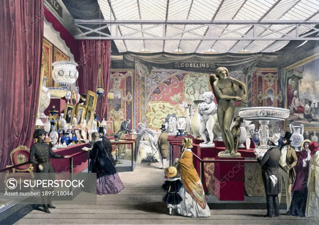 ´Illustrated plate taken from Dickinsons ‘Comprehensive Pictures of The Great Exhibition´ (1854). Prominent objects on show on the third French stand...