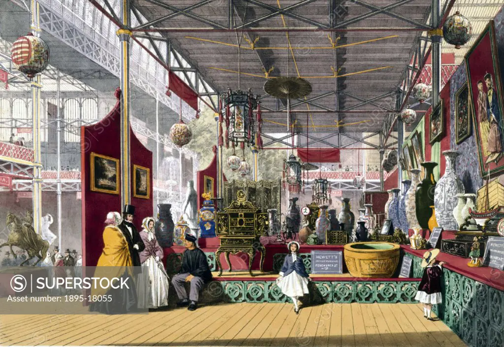 Illustrated plate taken from Dickinsons ‘Comprehensive Pictures of The Great Exhibition´ (1854). Prominent objects on display included cabinets, vase...