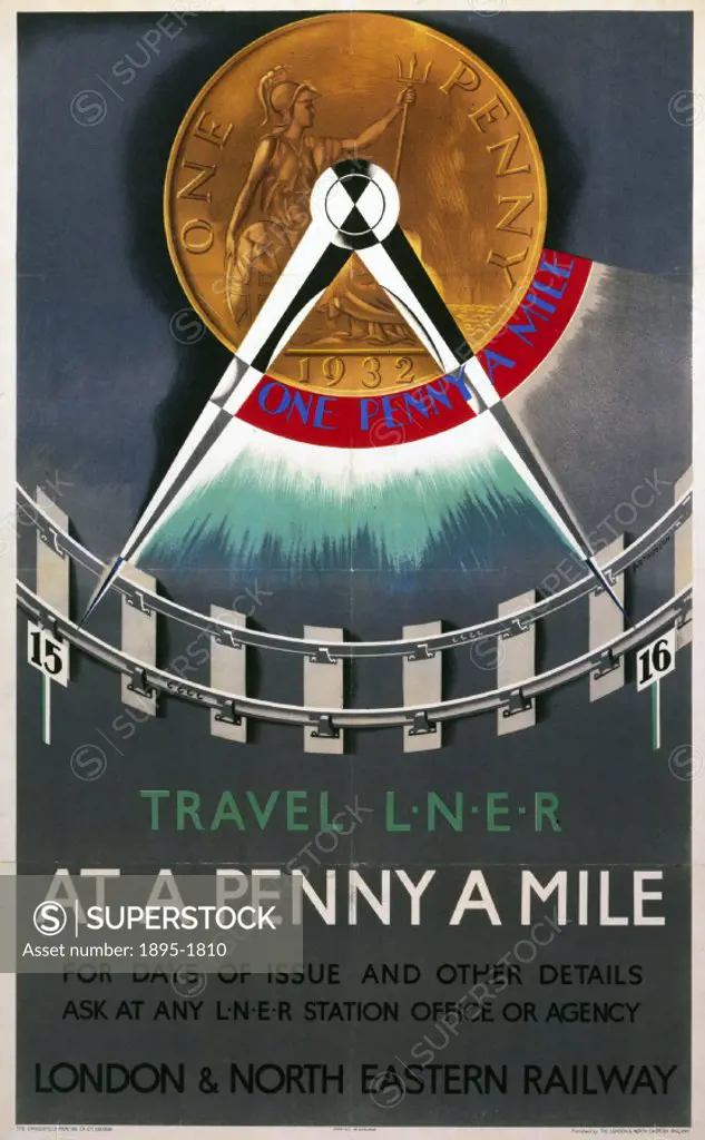 Poster produced for the London & North Eastern Railway (LNER) to promote the penny-a-mile rate of travelling on the companys routes. The poster shows...