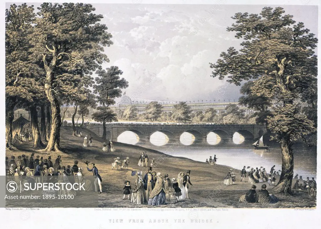 Lithograph by Day & Son after an original painting by Phillip Brannan, showing crowds near a bridge over the Serpentine in Hyde Park, with the structu...
