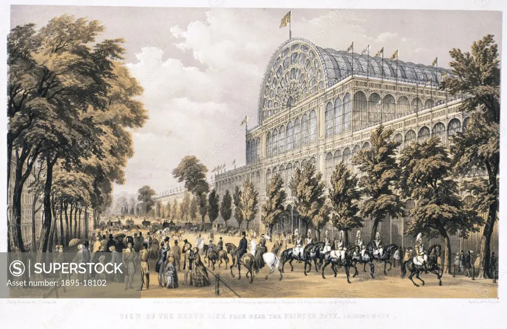 Lithograph by T Picken after an original painting by Phillip Brannan, showing crowds and soldiers on horseback outside the Crystal Palace. The Crystal...