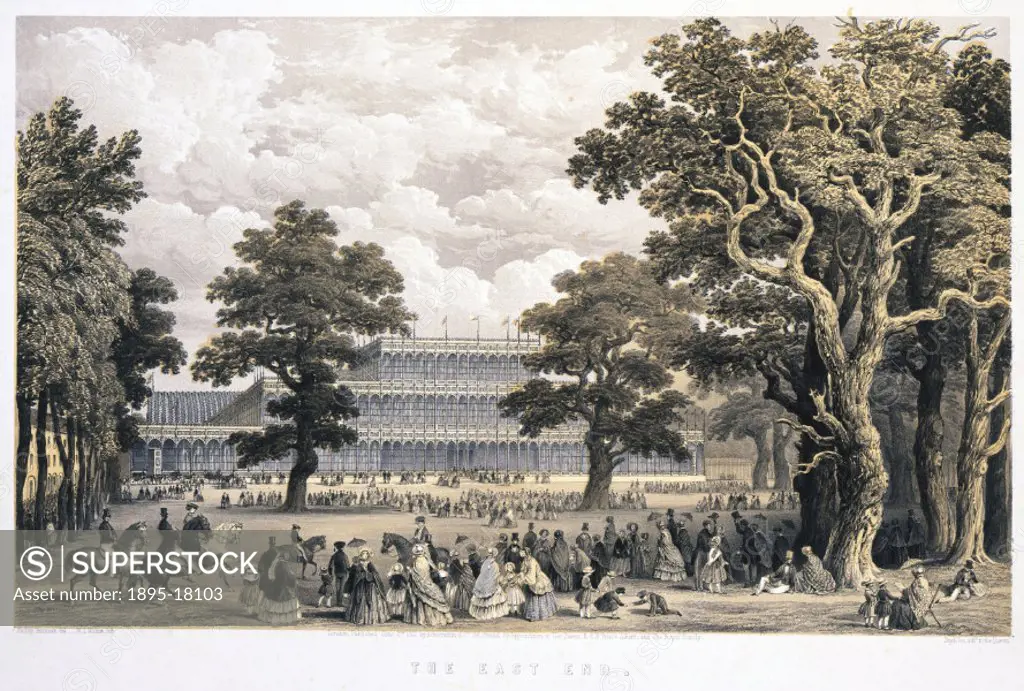 Lithograph by W L Walton after an original painting by Phillip Brannan, showing people gathered in Hyde Park, London, with the Crystal Palace in the b...