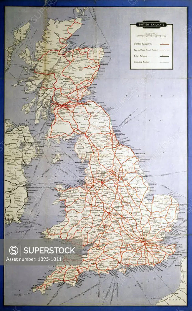 BR poster. British Railways (Map of System and Shipping Routes), 1962.