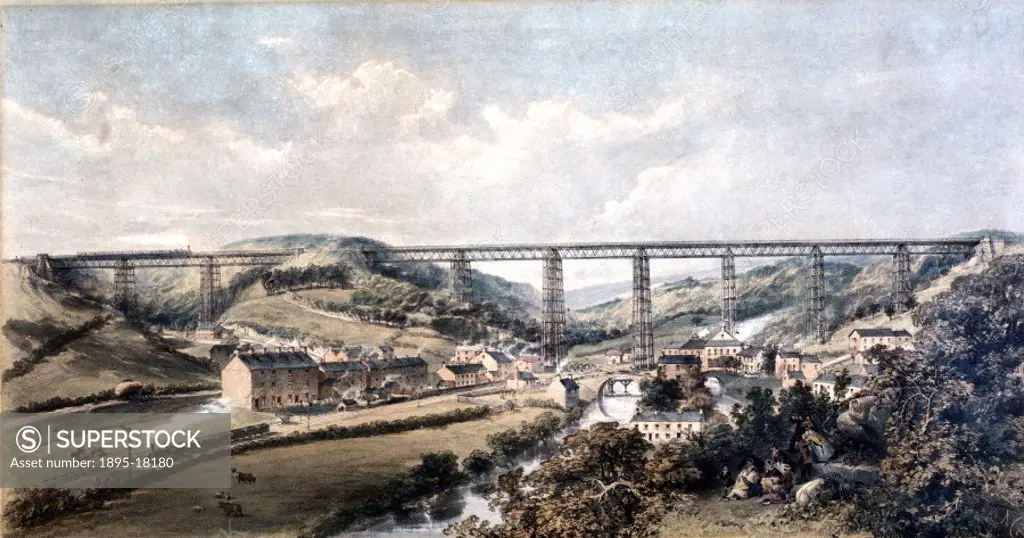 Coloured lithograph by H J Cooke of the Crumlin Viaduct on the Taff Vale Extension of the West Midland Railway. Crumlin Viaduct was considered to be o...