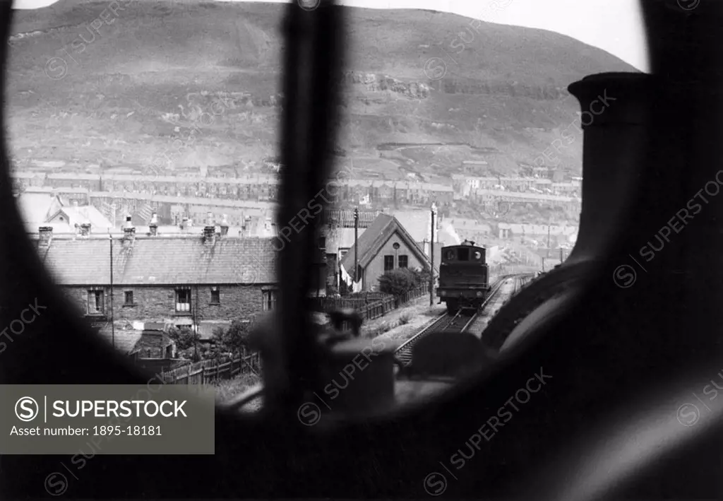 Locomotive 0-6-0T No 193 and terraced houses at the Clydach Vale Colliery, Rhondda Valley in Wales, as seen from the cab of 0-6-0T locomotive No 194. ...