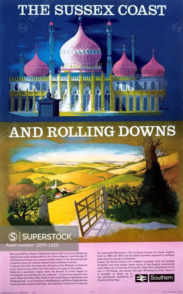 ´The Sussex Coast and Rolling Downs´, 1980.British Rail Southern showing the Brighton Pavilion, and an idyllic view of the South Downs. Artwork by Lan...