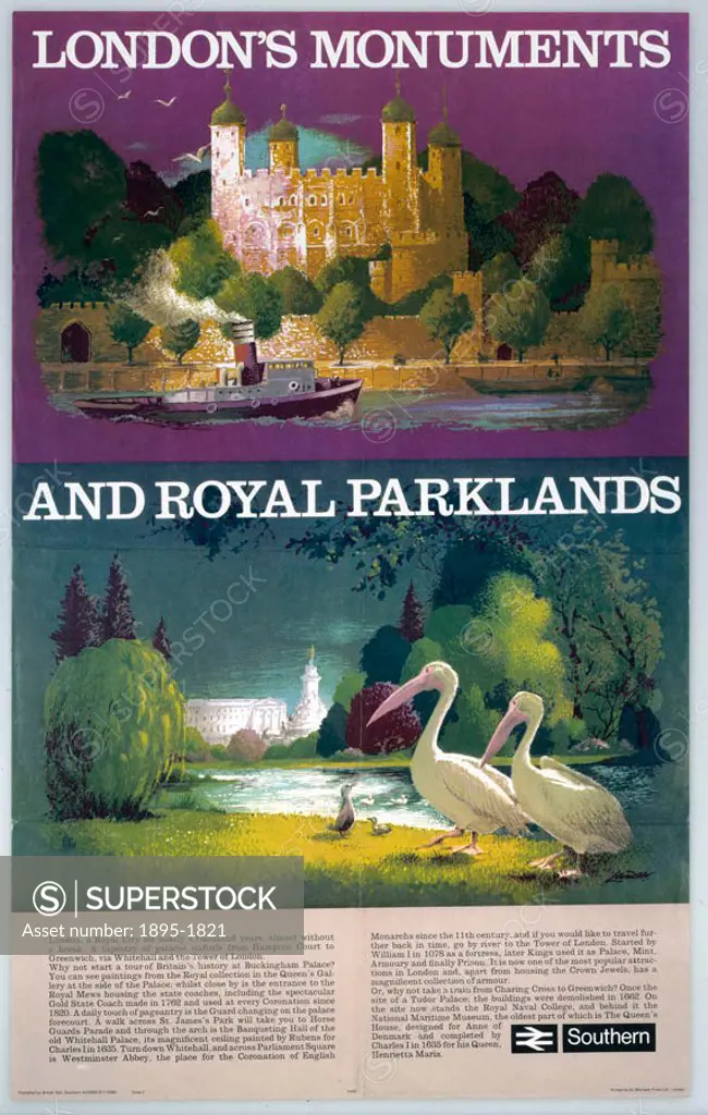 London´s Monuments and Royal Parklands´ by Lander. British Rail poster (Southern) showing the Tower of London from the River Thames and pelicans in St...