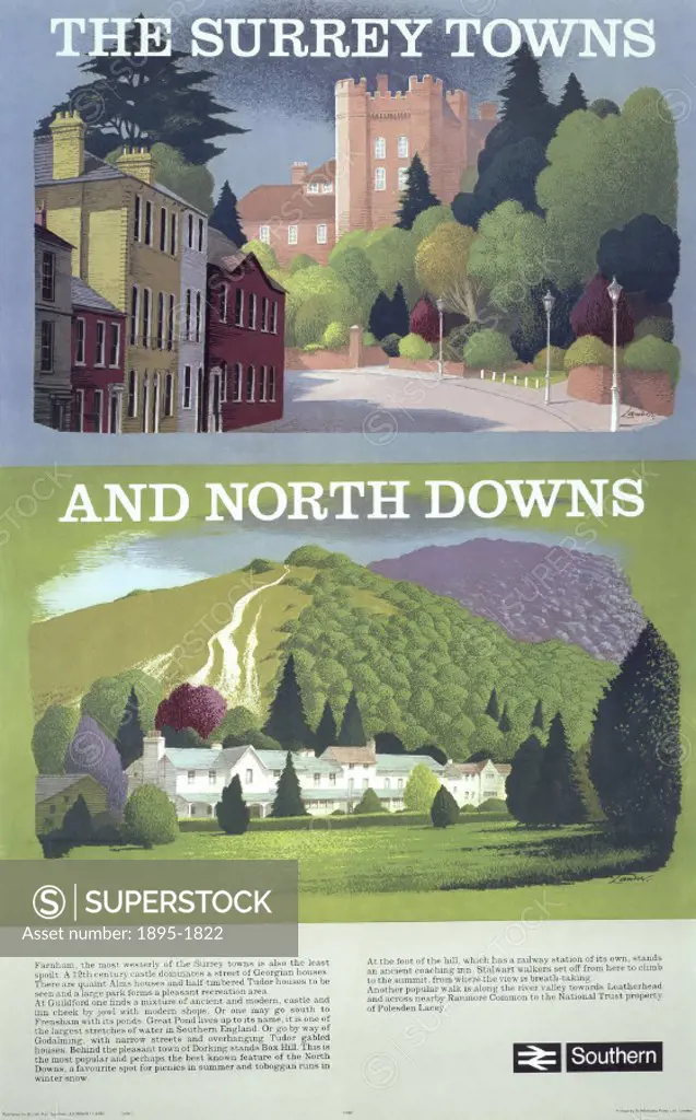 Poster produced for British Railways (BR) Southern Region to promote rail travel to the towns and North Downs of Surrey. The poster shows an illustrat...