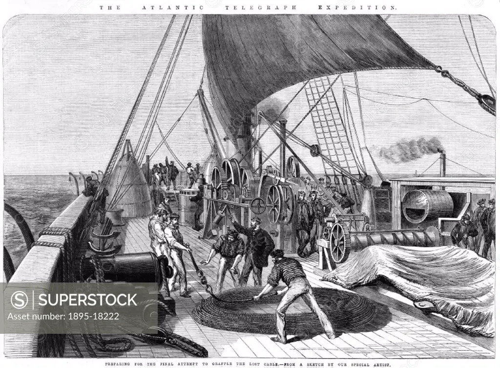 Engraving from the Illustrated London News showing sailors preparing for a final attempt to grapple a lost cable during the unsuccessful 1865 Atlantic...
