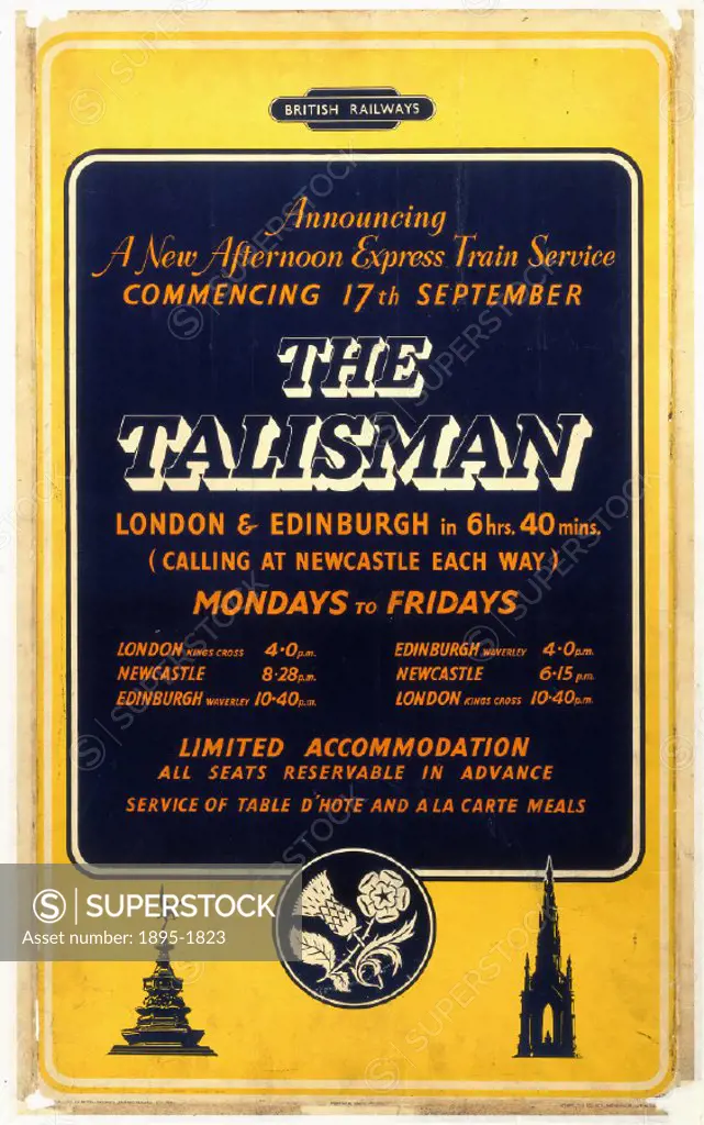 The Talisman - Announcing a New Afternoon Express Service´, BR (ER) poster, c 1950s. Poster produced for British Railways (Eastern Region).