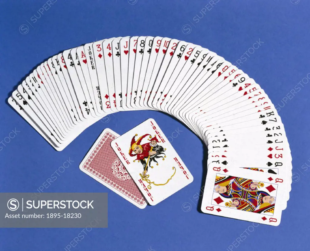 A deck of cards arranged in a fan shape, with the jokers in the centre.