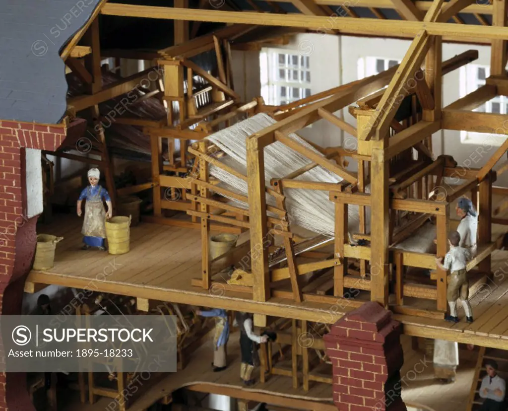 Model scale 1:32. The model is of a typical 18th century water-powered textile mill and is based on drawings of the Collycroft worsted mill in Bedwort...